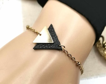 Stainless steel and genuine leather bracelet, black and gold