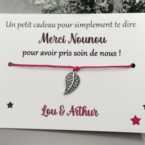 Carte bracelet à nouer, cadeau maîtresse, nounou, atsem, marraine, cadeau personnalisable, message personnalisé prénom enfant Feuille argent