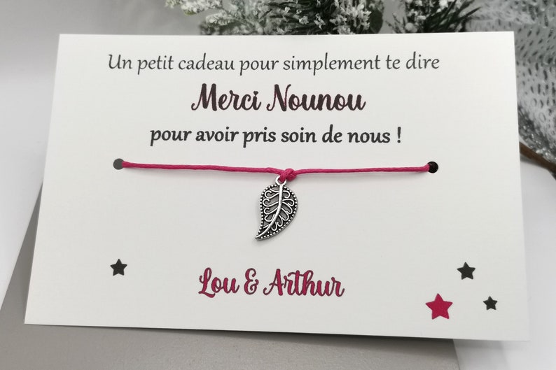 Carte bracelet à nouer, cadeau maîtresse, nounou, atsem, marraine, cadeau personnalisable, message personnalisé prénom enfant Feuille argent