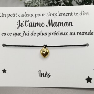 Carte bracelet à nouer, cadeau maîtresse, nounou, atsem, marraine, cadeau personnalisable, message personnalisé prénom enfant Coeur or