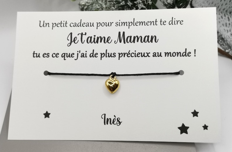 Carte bracelet à nouer, cadeau maîtresse, nounou, atsem, marraine, cadeau personnalisable, message personnalisé prénom enfant Coeur or