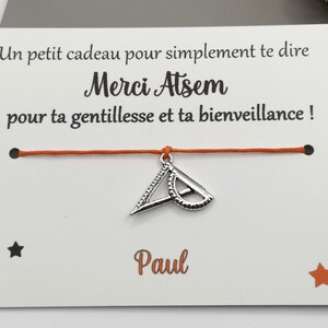 Carte bracelet à nouer, cadeau maîtresse, nounou, atsem, marraine, cadeau personnalisable, message personnalisé prénom enfant Equerre