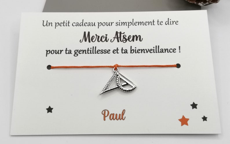 Carte bracelet à nouer, cadeau maîtresse, nounou, atsem, marraine, cadeau personnalisable, message personnalisé prénom enfant Equerre