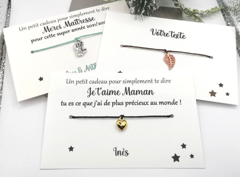 Carte bracelet à nouer, cadeau maîtresse, nounou, atsem, marraine, cadeau personnalisable, message personnalisé prénom enfant image 1