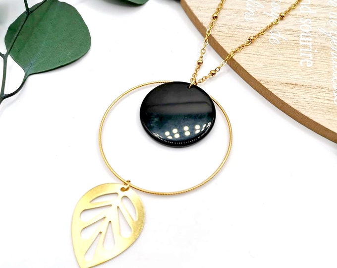 Long stainless steel, gold and black obsidian necklace