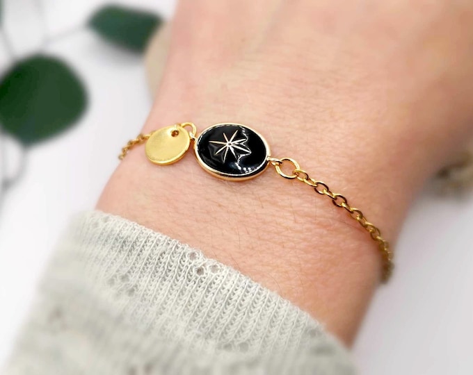 Stainless steel star bracelet, gold and black enamel