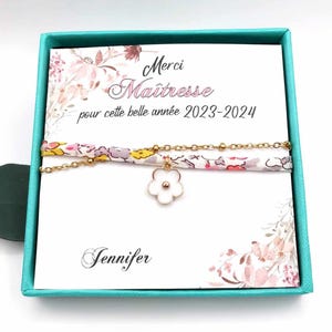 Bracelet acier inoxydable or et liberty, avec écrin, merci maîtresse pour cette belle année, message personnalisé