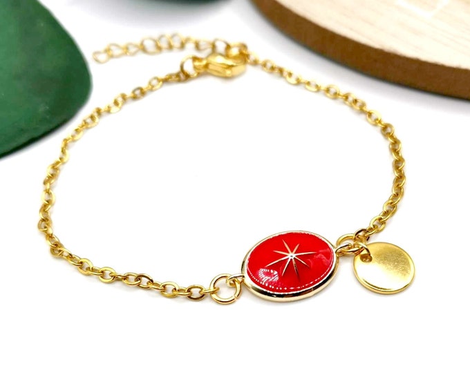 Stainless steel star bracelet, gold and red enamel