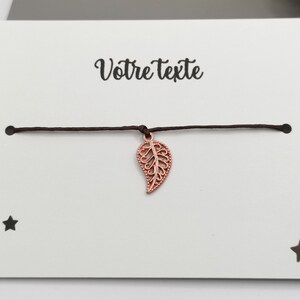 Carte bracelet à nouer, cadeau maîtresse, nounou, atsem, marraine, cadeau personnalisable, message personnalisé prénom enfant Feuille rose cuivre