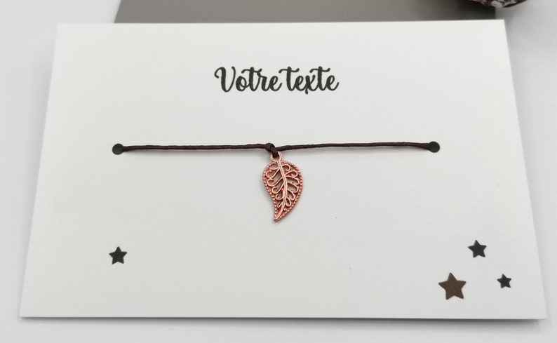 Carte bracelet à nouer, cadeau maîtresse, nounou, atsem, marraine, cadeau personnalisable, message personnalisé prénom enfant Feuille rose cuivre