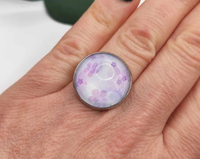 Flower cabochon ring, adjustable silver ring