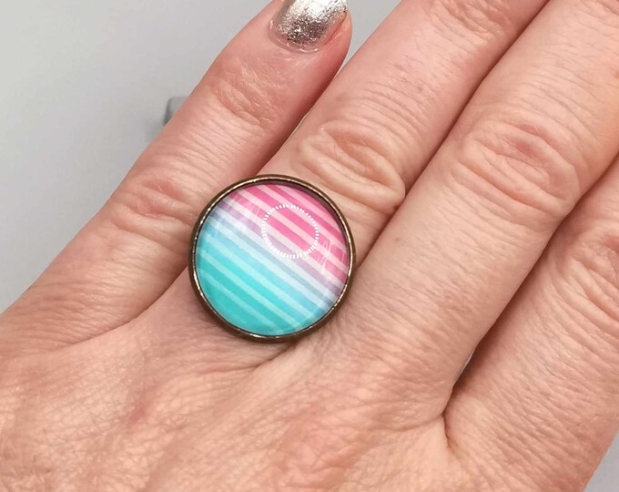 Striped cabochon ring, adjustable bronze ring