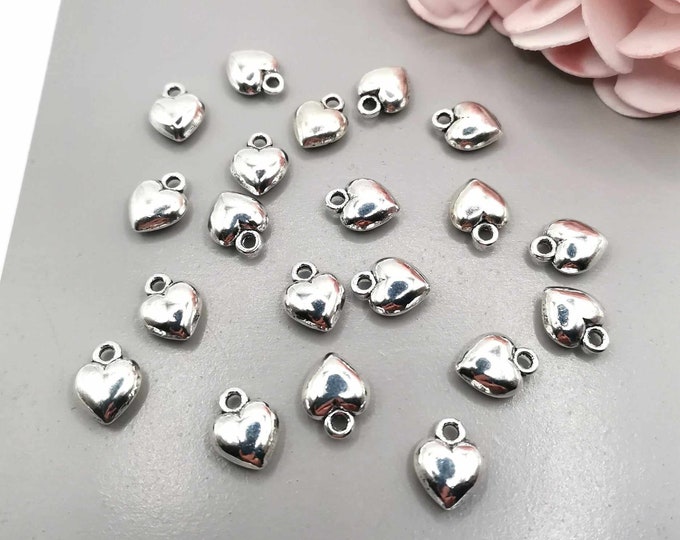 20 small silver metal heart charms, 11.5 x 9 mm