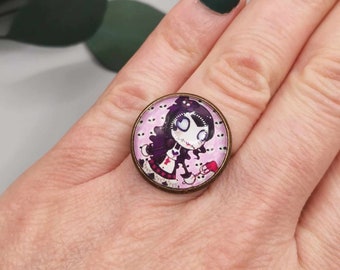 Zombie doll cabochon ring, adjustable bronze ring