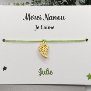 Carte bracelet à nouer, cadeau maîtresse, nounou, atsem, marraine, cadeau personnalisable, message personnalisé prénom enfant Feuille or