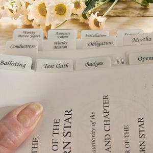 May include: A close-up of a document with several labeled tabs. The tabs include words like "Balloting", "Test Oath", and "Badges". The document is partially visible, with text reading "OF THE RN STAR". White flowers are in the background.
