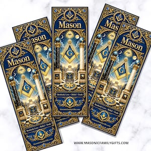 May include: Four rectangular bookmarks featuring a deep blue background with ornate gold filigree borders. Each bookmark displays the word Mason, a square and compass symbol, a checkered floor, two pillars, and the text Brotherly Love Relief Truth.