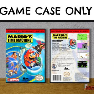 May include: A Nintendo Entertainment System game case for Mario's Time Machine. The front cover features Mario in a time machine with historical figures, while the back displays game screenshots, a plot summary, and a barcode. Text reads GAME CASE ONLY.