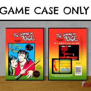 May include: A replacement video game case for The Legend of Kage featuring a red, orange, and yellow gradient background. The front displays a character illustration and the title. The back shows game screenshots, text, and a barcode.