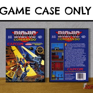 May include: A Bionic Commando video game case for the Nintendo Entertainment System. The front cover features a blue background with a character using a bionic arm, while the back cover displays game screenshots, a plot summary, and a barcode.
