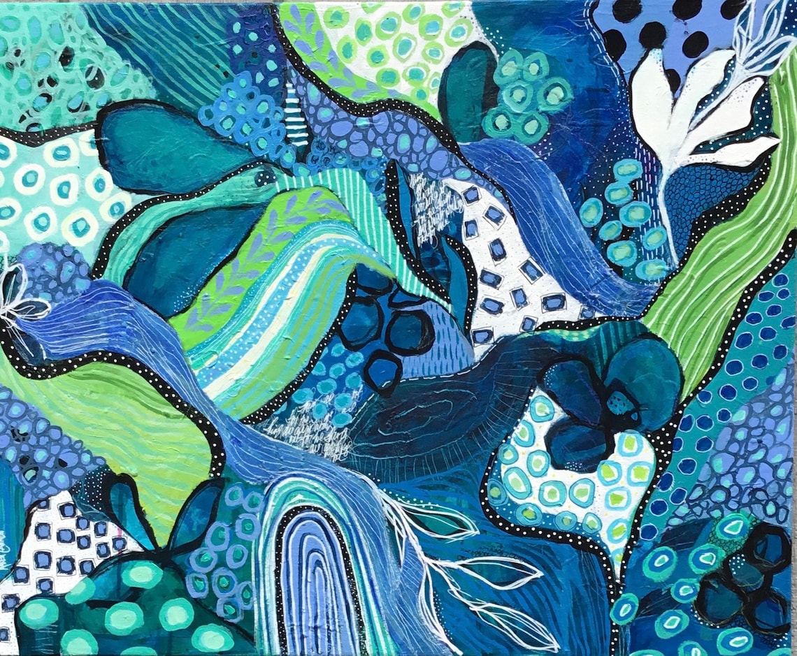 Original abstract art blue and green wall art .contemporary | Etsy