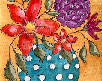 Floral Art Print, Bright Turquoise and Orange Painting