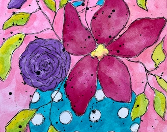 Floral Vase Painting, Colorful Flower Print