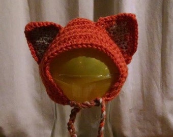 Crocheted Fox Hat with Braided Ties: Baby Costume Prop
