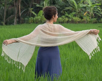 EARTH SCARF - Natural, Cream color, Organic, 100% Cotton, Handwoven, Textured, Boho Chic shawl, Eco Dyes, Simple Elegant Earthy Look