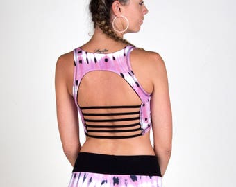 Papua Crop Top - Pink & Black - Yoga Top , cropped top for dance, movement, natural fibers, batik dye, eco chic