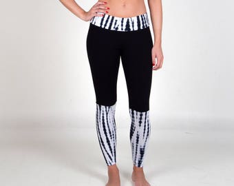 Aiko Leggings - Black & White - Yoga Pants, Ethical Organic Yoga fashion, Sock Yoga leggings, Tye Dye detail pants