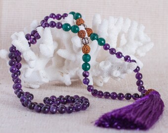 Meditation Mala - Amethyst, Geen Onyx, Rudraksha and Silver Sterling Japa Mala bedas