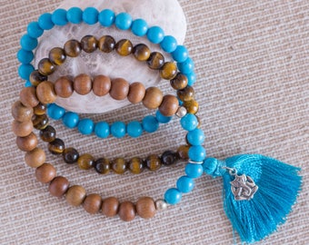 Raise your Vibration Mala Bracelet - Tiger Eye, Turquoise, Sandalwood and Silver Sterling Ganesha charm