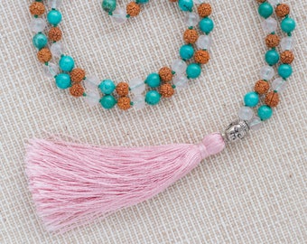 Stay Majestic Mala - Clear Quartz, Green Turquoise, Rudraksha and Silver Buddha Head