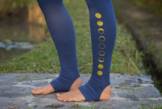 Blue Indigo Moon Leggings Women Yoga Pants, Second Skin Tights With Spats,  Yogic Golden Moon Phase Print. Ecoluxe Wear Natural Fibers 