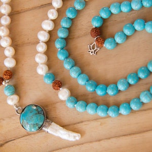 Moon Pearls Mala - freshwater pearls, turquoise, rudraksha