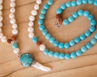 Moon Pearls Mala - freshwater pearls, turquoise, rudraksha