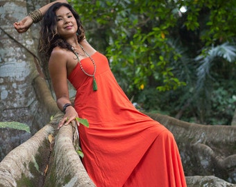 Prana Dress - Spicy Orange - Flowy goddess sundress, multi functional, tube top, strapless dress. ecoluxe wear