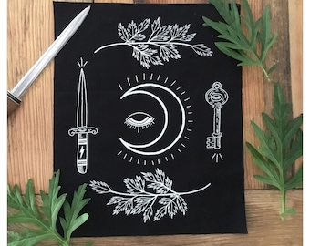 Hecate patch, hemp and organic cotton, back patch, moon patch, witch patch, dagger patch, mugwort patch, plant witch patch