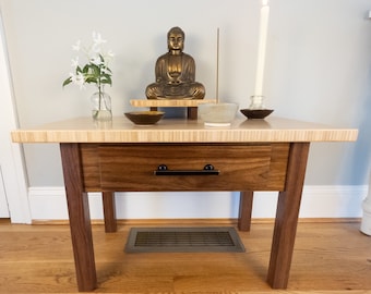 Floor Altar with Drawer and Riser. Beatifully made Meditation Table made.  Top made out of Bamboowhite the base is made out of Walnut Wood.