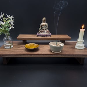 Tabletop Altar is Beautifully walnut with a HANDRUBBED Finish. 2-tier and 4  sizes to choose from. Active Photos