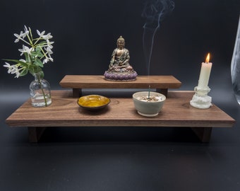 Tabletop Altar is Beautifully walnut with a HANDRUBBED Finish. 2-tier and 4  sizes to choose from. Active Photos