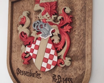 Handgeschnitztes Familienwappen aus Holz, Personalisiertes Wappen mit Löwe, Individuelles Holzschild Heraldik, Hochzeitsgeschenk, Jubiläum