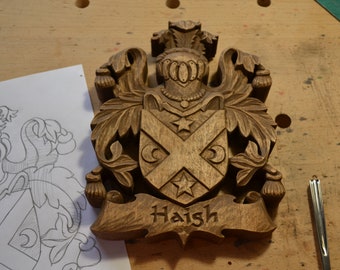 Hand Carved Family Crest | Custom Coat of Arms | Personalized Wooden Heraldic Shield | Family Name Plaque | Anniversary Wedding Gift