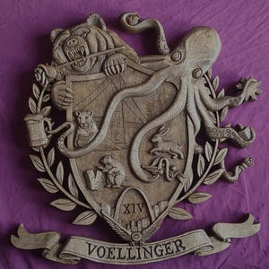 Armoiries, bouclier, écusson familial personnalisé, bouclier familial personnalisé, emblème en bois, cadeau de mariage, nom héraldique sculpté à la main, travail du bois pour homme, cadeau