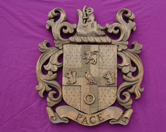 Custom Family Crest, Hand Carved Wooden Coat of Arms, Personalized Heraldic Shield, Family Name Wall Art, Heirloom Gift