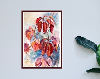 Original watercolor red leaves Giclee art print Warm colors home wall decor New cottagecore art