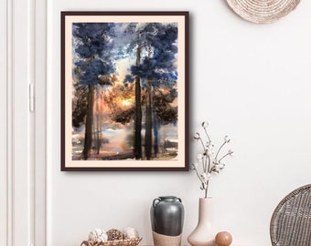 Original watercolor forest sunset painting 15x11 inches Pine trees landscape home decor Peaceful art gift