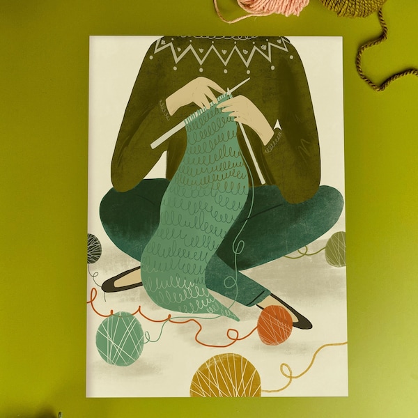 Knitting Girl Illustration Print A4 | A3 | A2