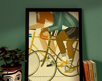 May include: Framed art print featuring two cyclists in action. The illustration shows the cyclists from the waist down, with their legs and feet on the pedals. The bikes are yellow and green, and the cyclists wear athletic gear in orange, teal, and black.